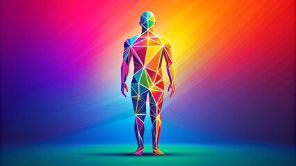 Obraz premium Colorful minimalist illustration of a simplified human figure with bold lines and geometric shapes, set against a bright gradient background, conveying modern simplicity.