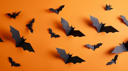 Black paper bats against an orange background, creating a playful, Halloween-themed decoration display.