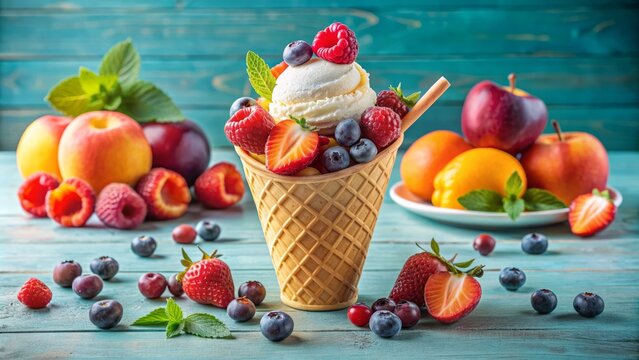 Colorful mixed berries and sliced peaches topping a scoop of creamy vanilla ice cream in a waffle cone against a bright pastel background.