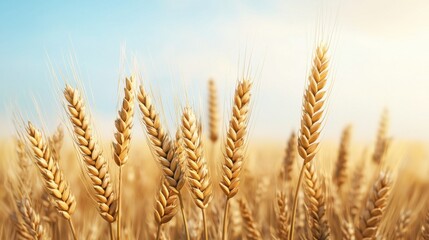Close-up of golden wheat ears against a clear blue sky, symbolizing agriculture, abundance, and natural beauty.