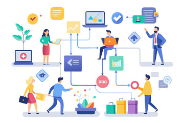 Business process, workflow diagram or model design, flowchart to get result, map or plan for business procedure, solution, strategy to implement concept, business people drawing workflow process
