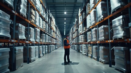 Obraz premium A warehouse worker in a high visibility vest uses a digital device to manage inventory while surrounded by tall shelves loaded with goods.