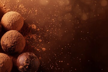 Chocolate truffles covered in cocoa powder against a dark background with space for text