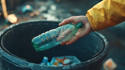 Obraz premium Close up of hand putting plastic bottle into trash can.