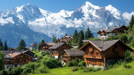 81. A picturesque alpine village with wooden chalets and a backdrop of snow-covered peaks