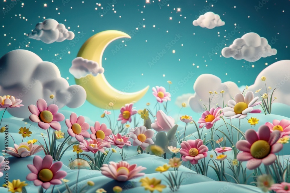 Sticker cute flower garden on the moon fantasy background astronomy outdoors nature.