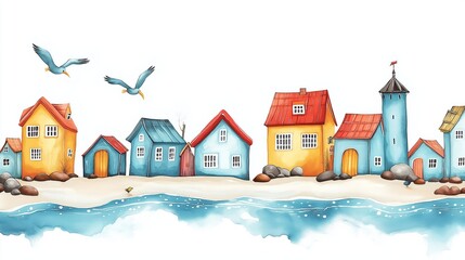 Charming Seaside Village Watercolor Painting