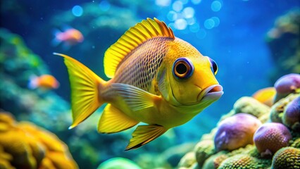 Vibrant yellow fish with large, expressive black-rimmed eyes and iridescent scales swims in clear turquoise water, emphasizing its striking features and aquatic beauty.