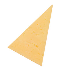 Cheese piece isolated on white background. Mature Gouda cheese triangle top view. Flat lay