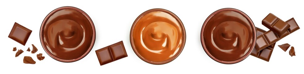 Collection of Melted dark chocolate in a bowl, caramel sauce and broken chocolate bar pieces isolated on white background, top view. Flat lay.