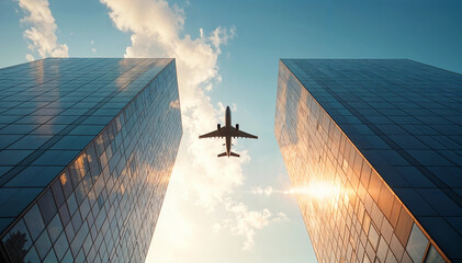 Passenger plane flies between towering skyscrapers, framed by a bright, clear sky