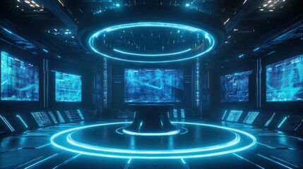 Obraz premium Futuristic Sci-Fi Room with Glowing Blue Lights and Digital Screens.