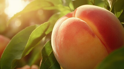 Close-up of a Ripe Peach on a Tree Branch