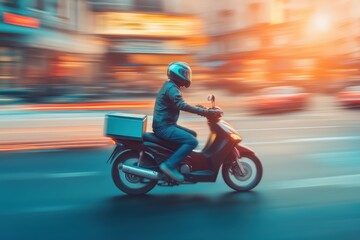A delivery rider on a scooter navigating through a bustling city with motion blur illustrating speed and urban life.