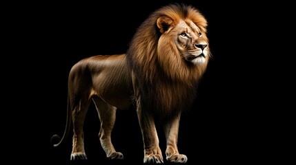 A lone majestic lion standing against a solid black background, highlighting its regal presence and power.