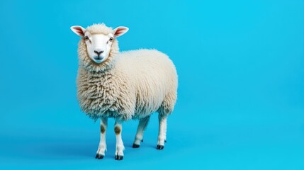 Fototapeta premium A lone sheep with thick wool standing against a solid blue background, highlighting its fluffy and peaceful appearance.