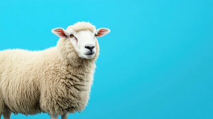 Fototapeta premium A lone sheep with thick wool standing against a solid blue background, highlighting its fluffy and peaceful appearance.