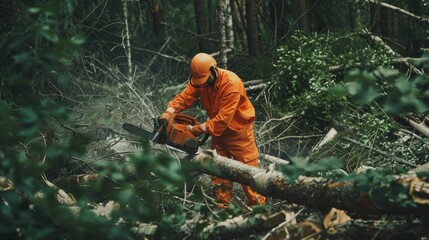 Obraz premium A lumberjack in an orange uniform and safety helmet operates a chainsaw to cut down trees in a dense forest, surrounded by freshly felled logs.