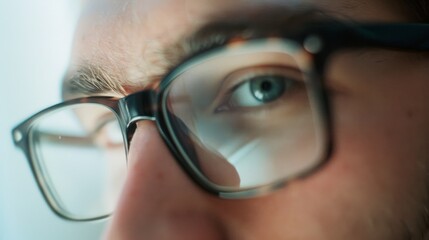 Fototapeta premium A close-up shot of an individual wearing glasses, with the reflection of their eye clearly visible through the lens.