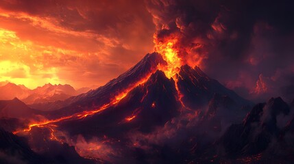 87. The majestic view of an erupting volcano with flowing lava and ash clouds