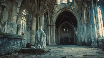Obraz premium A hauntingly beautiful, abandoned cathedral bathed in soft, ethereal light with a solitary, cloaked statue standing solemnly in the foreground.
