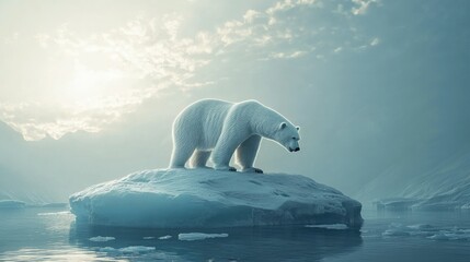 Naklejka premium A polar bear stranded on a small ice floe, symbolizing the threat of global warming to wildlife habitats.