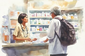 Obraz premium A healthcare professional assisting a patient at a pharmacy, discussing medication and treatment options in a welcoming environment.