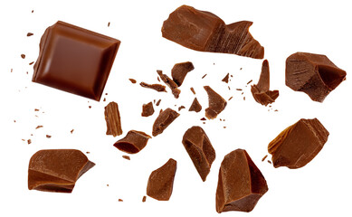  Levitating dark chocolate chunks isolated on white background. Broken chocolate bar pieces and cocoa crumbs explotion. Chocolate flakes and  chips Top view. Flat lay..