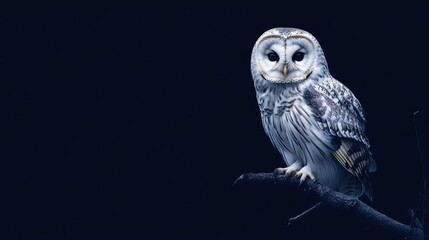 A single owl perched on a branch against a solid dark blue background, representing wisdom and mystery.