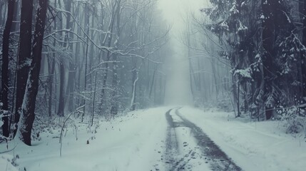 A snow-covered forest path winding through the trees, wrapped in a serene, misty ambiance, evoking a sense of peaceful isolation and winter wonder.