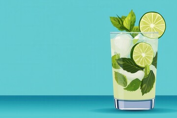 Refreshing mojito cocktail with lime and mint, beautifully presented against a vibrant turquoise background.
