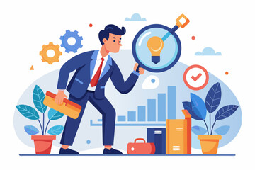 Analyze problem finding solution or opportunity, look for details to solve problem, discovery or search, root cause analysis or troubleshooting concept, businessman analyze mess with magnifying glass.