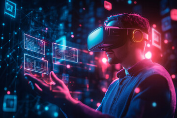 Man Exploring Digital Reality: A man wearing a VR headset navigates through a vibrant digital world, surrounded by glowing interfaces and immersive experiences. The image captures the excitement and p