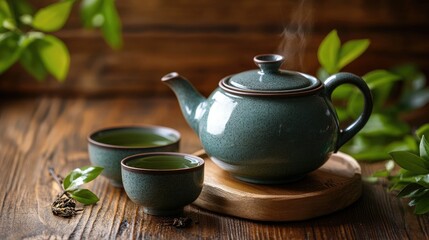 A traditional Japanese tea set with a teapot and cup filled with green tea, capturing the essence of Japanese tea culture.