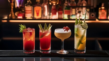 Freshening set of four cocktails with garnishments on counter with bar backdrop, concept