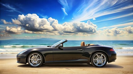Convertible sports car with sleek, black, soft-top roof down, parked by a serene ocean beach with clear blue sky and fluffy white clouds.