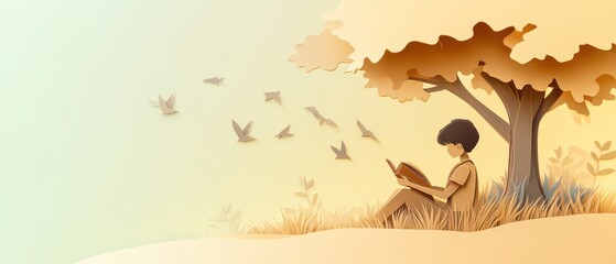 A peaceful scene of a person reading under a tree, surrounded by nature and birds, evoking tranquility and relaxation.