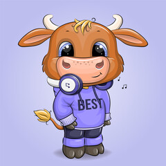 Fototapeta premium Cute cartoon bull in a sweatshirt with a hood with headphones. Vector illustration of an animal on a blue background.