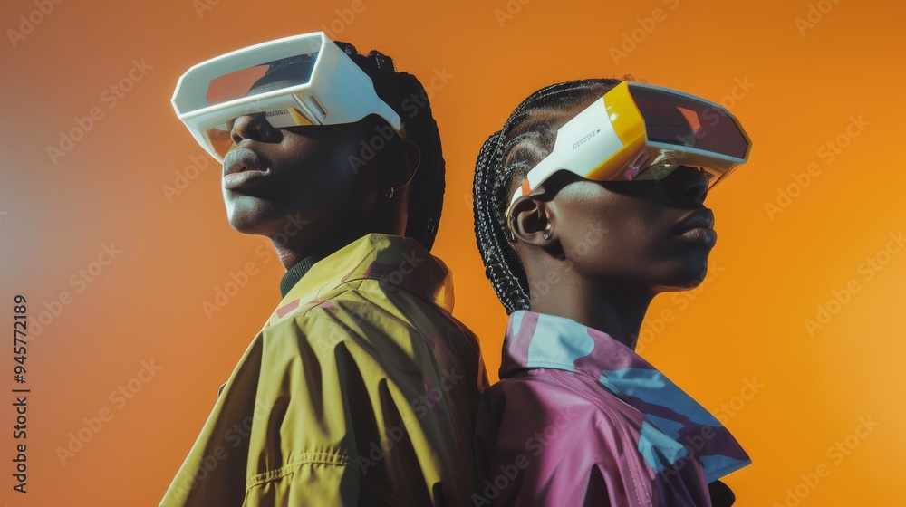 Wall mural two individuals in futuristic vr headsets, standing back-to-back against a vibrant orange background