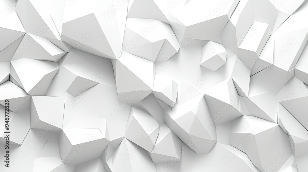 Poster abstract white polygonal shapes forming a three-dimensional background with depth and texture.