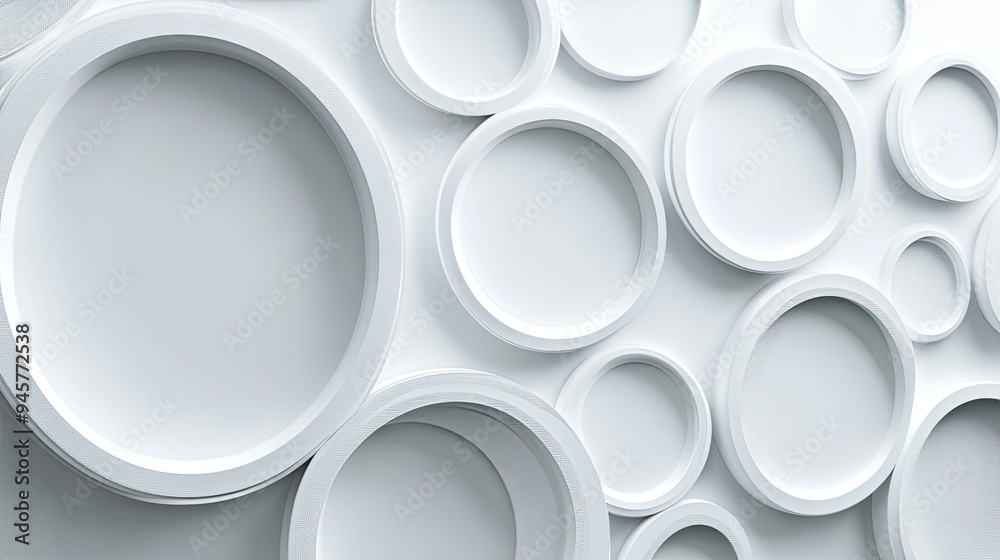 Poster an abstract white background with circular patterns and shadows, creating a modern and stylish backd