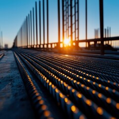 Fototapeta premium Close-up of construction rebar with sunset lighting, showcasing industrial elements and textures at a building site.