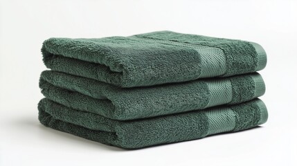 Stack of green towels on white background, isolated