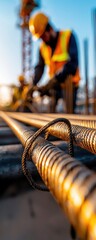 Naklejka premium Close-up of construction worker handling metal rebar at a building site, showcasing safety gear and diligent labor.