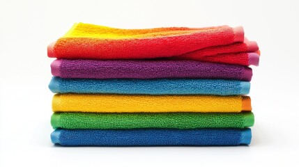 Stack of multi-colored towels on a white background, isolated