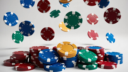 Dynamic Casino Chips Falling on White Background, Ai generated Images