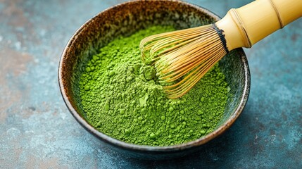 A bowl of bright green matcha powder with a bamboo whisk, ready to be prepared into a traditional Japanese tea.