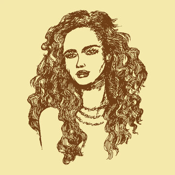recommend clip art: Portrait of a beautiful girl with long wavy hair. Sketch, outline, imitation of engraving. Vector illustration