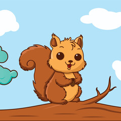 Smiling squirrel holding nut sitting tree branch blue sky.