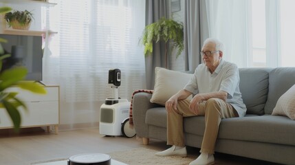 An elderly man sits pensively on a cozy sofa, with modern gadgets around him in a bright, serene room.